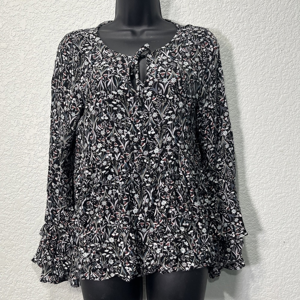 Hinge Blouse Women XS Black Floral Peplum Ruffle Bell Sleeve Boho Keyhole Tie
